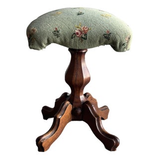 Antique Victorian Carved Wood Piano Stool With Needlepoint Seat, 19c For Sale