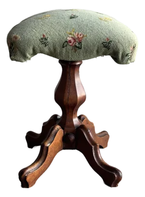 Antique Victorian Carved Wood Piano Stool With Needlepoint Seat, 19c