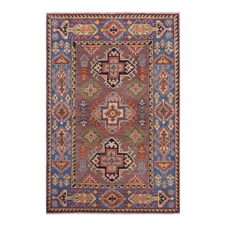 Rustic Kazak Gray/Light Blue Wool Rug - 3'3''x5'1'' For Sale