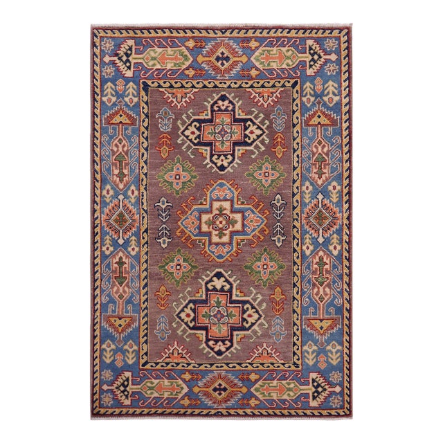 Rustic Kazak Gray/Light Blue Wool Rug - 3'3''x5'1'' For Sale