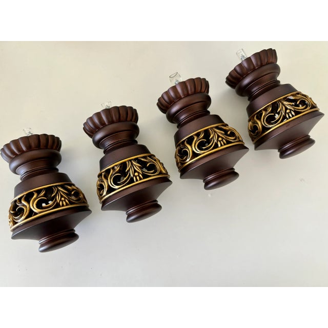 Vintage curtain rod finials for 38.1mm (1.5") rod. Two pairs In a bronzy color with gold accents. They measure 2.75" in...