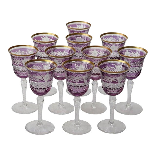 Eleven Bohemian Amethyst Floral Cut to Clear Crystal Wine Cordial Goblets C1910 For Sale
