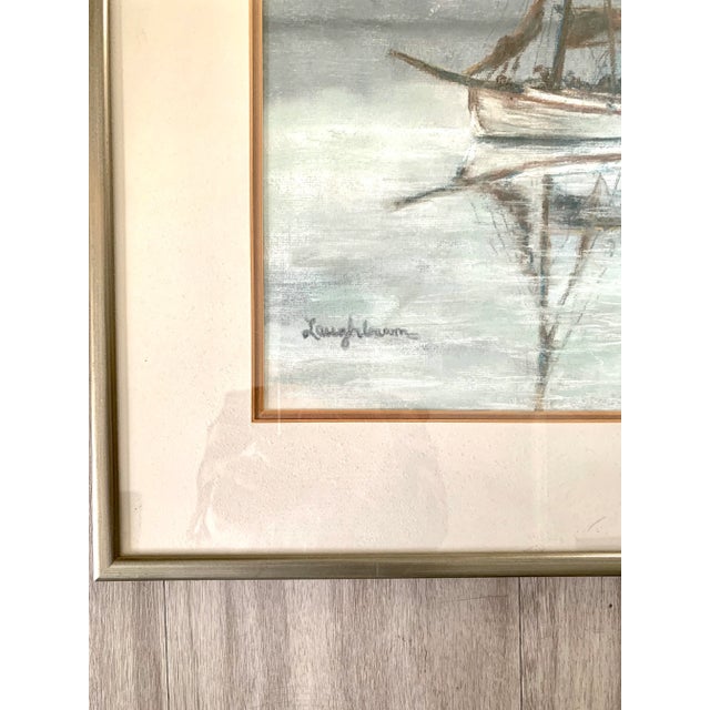 Stunning original drawing of a sailboat in original vintage frame, double matting and glass front. Delicate hues of gray...