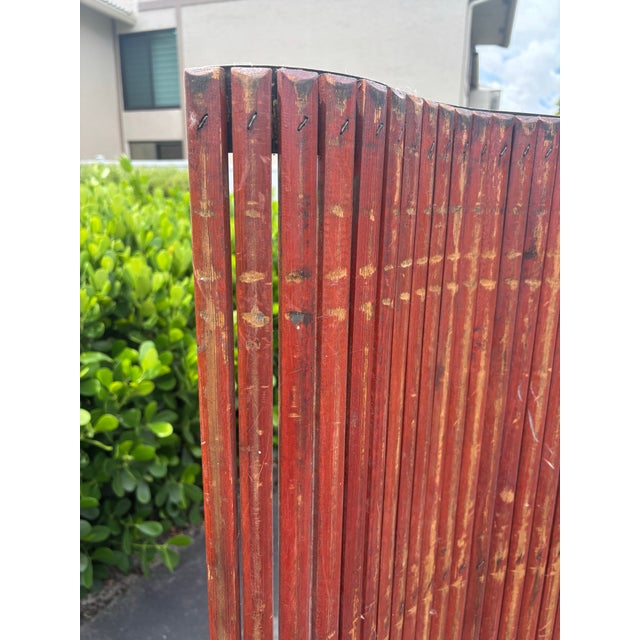 1940s 1940s American Industrial Red Lacquer Wood & Leather Room Divider Screen For Sale - Image 5 of 8