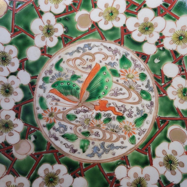 Large Antique Japanese Kutani Cherry Blossom Bowl With Butterfly Medallion For Sale - Image 4 of 9