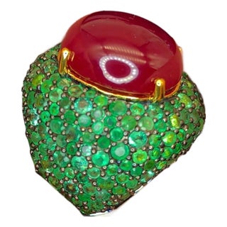 Bochic "Orient" Natural Emerald & Ruby Cocktail Ring Set In 18K Gold & Silver For Sale