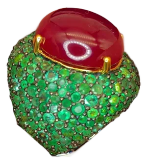 Bochic "Orient" Natural Emerald & Ruby Cocktail Ring Set In 18K Gold & Silver