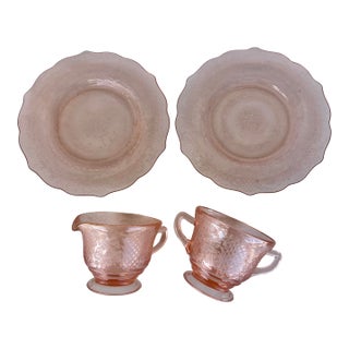 1930s Pink Depression Glass Normandie by Federal Glass Company Sugar & Creamer- 4 Pc For Sale