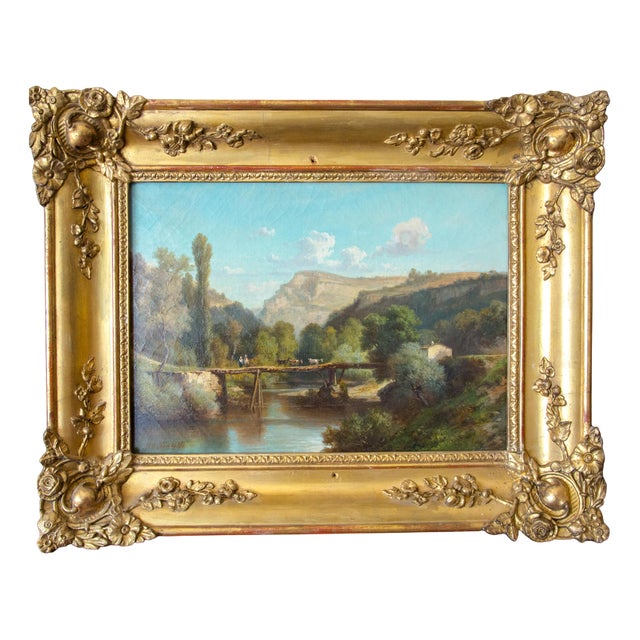 Nicolas-Victor Fonville, Landscape with a Bridge, 19th Century, Oil on Canvas For Sale