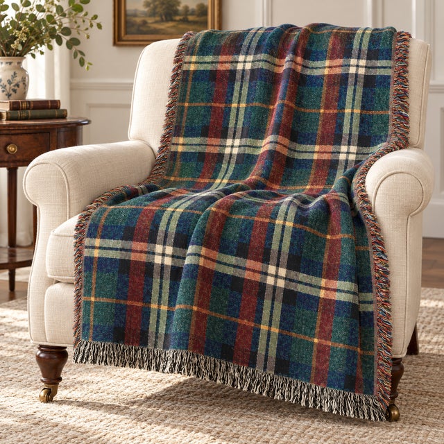 English Heritage Tartan Plaid Woven Throw Blanket – Green & Navy, 60 × 50 For Sale - Image 3 of 6