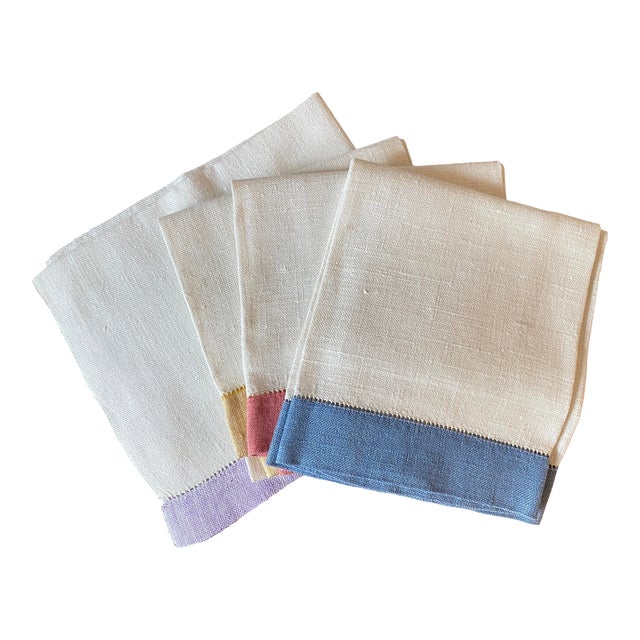 Vintage Linen Color Blocked Hemstitched Hand/Kitchen Towels, Set of 4 For Sale
