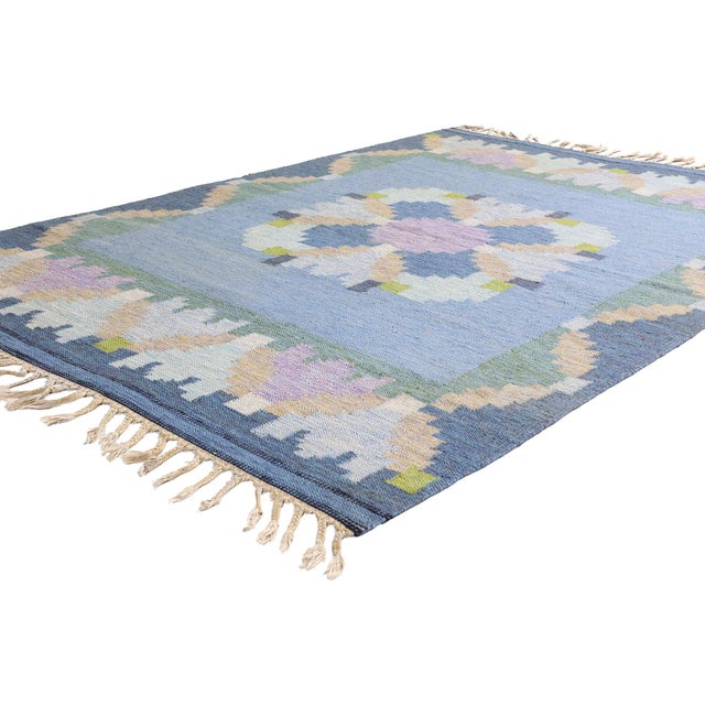 79368 Ingegerd Silow Vintage Swedish Rollakan Rug, 04'07 x 06'08. The Nordic Sky Garden: A Vintage Swedish Rollakan...