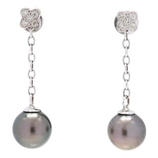Tahitian Pearl and Diamond Dangle Earrings, 14k White Gold, Length 1.75 Inches, A Pair For Sale