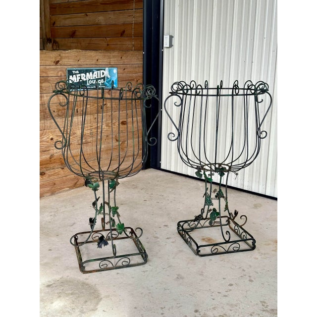 Pair of Antique French Wrought Iron Garden Urn Planters With Grapevine Motif For Sale - Image 9 of 12
