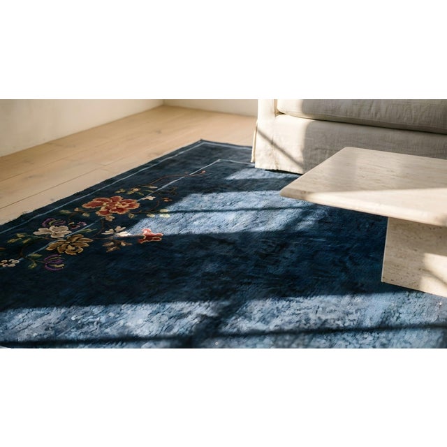 1920s Blue Navy Field Floral Antique Chinese Art Deco Carpet 9' X 11'4" Knotted Wool Rug For Sale - Image 18 of 18