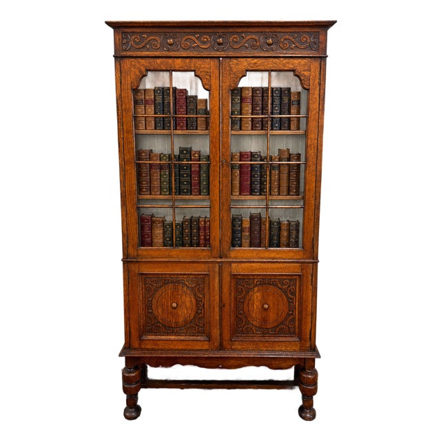 Antique English Bookcase Bookshelf Cabinet Double Door Wavy Glass Oak c.1930s For Sale