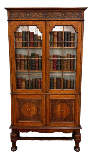 Antique English Bookcase Bookshelf Cabinet Double Door Wavy Glass Oak c.1930s