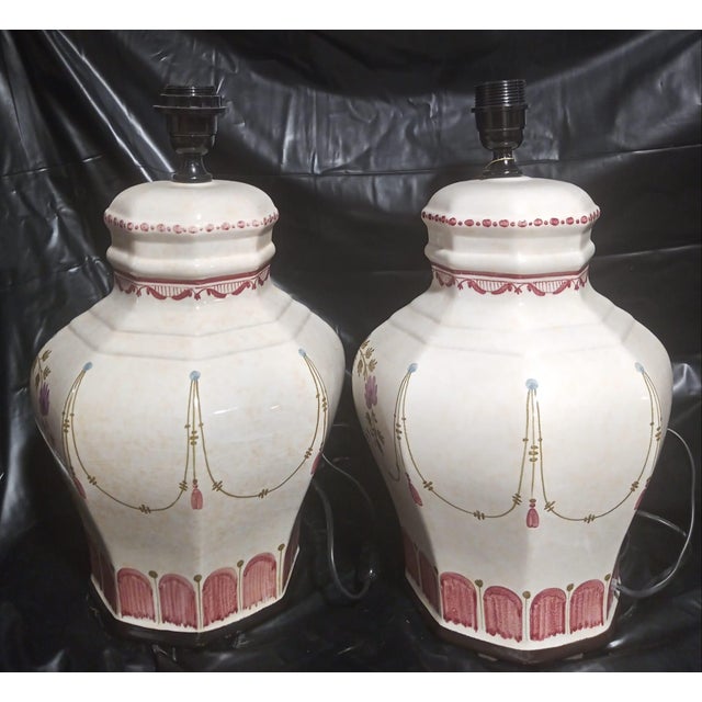 Pair of hand-painted table lamps from the 1990s. Palacios Collection by Cerámicas Benlloch, Manises, Valencia, Spain. This...