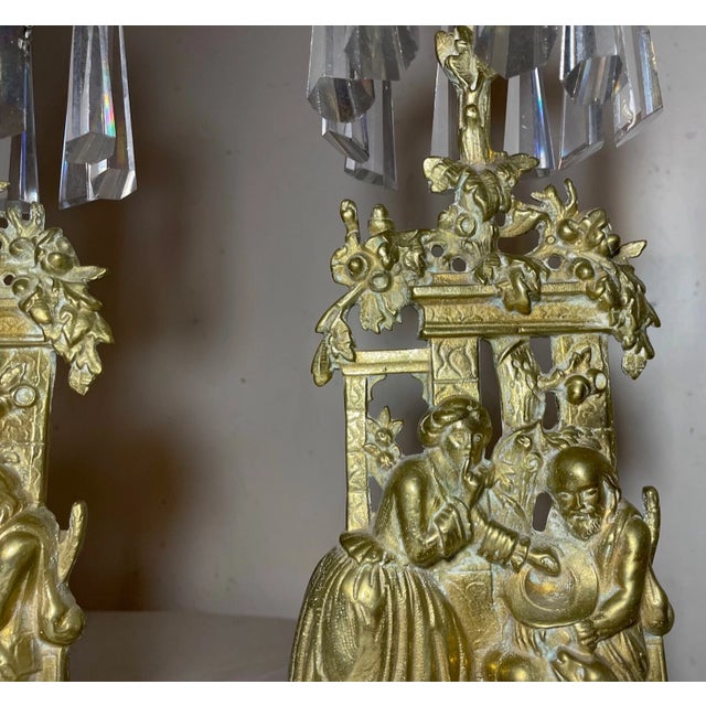Pair of Antique Ornate Figural Brass Marble Crystal Girandole Candle Holders For Sale In New York - Image 6 of 14