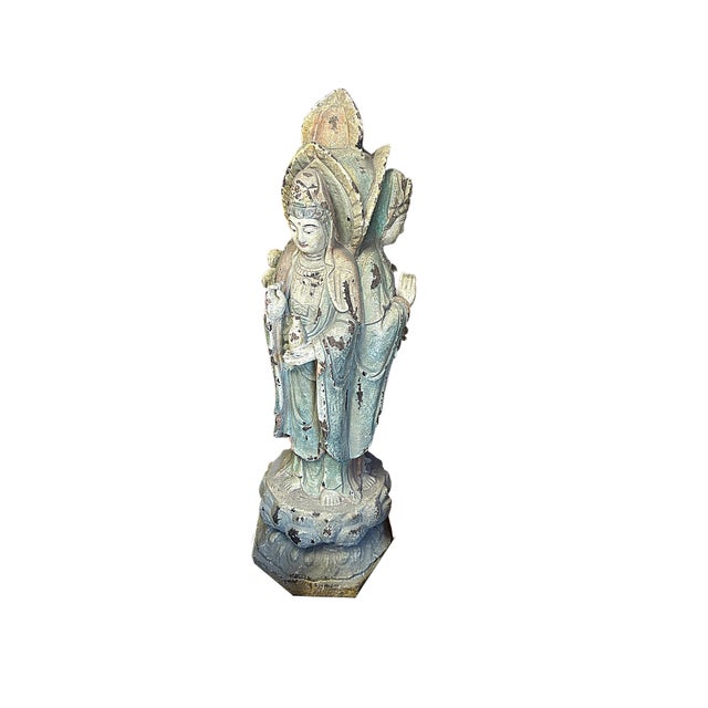 Chinese Chinese Rustic Finish Wood Grayish Kwan Yin 3 Sides Statue For Sale - Image 3 of 14