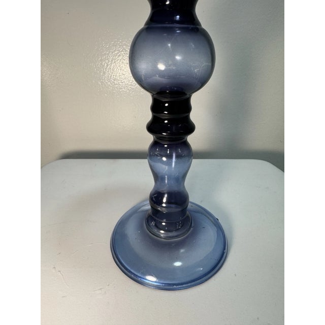Glass Vintage Blue Glass Pedestal Candle Holder | MCM Art Glass Compote Decor For Sale - Image 7 of 13