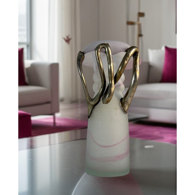 Metal Art Glass Pink Satin and Abstract Metal Looped Vase by Artist Vasile Tubi Vădan For Sale - Image 7 of 18