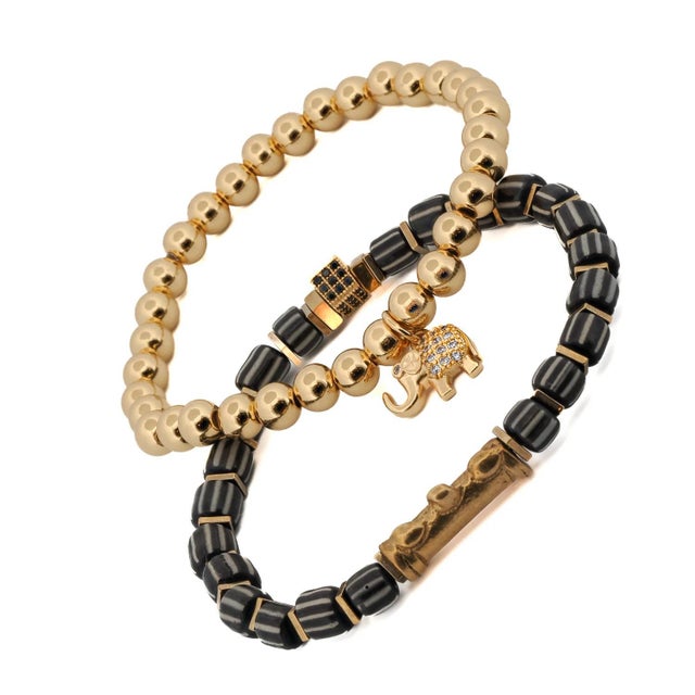 Metal Lucky Gold Elephant & Ethnic Black Beaded Bracelet Set For Sale - Image 7 of 8