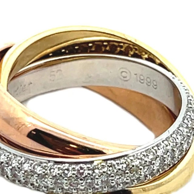 Cartier Trinity Classic Diamond 18k Tricolor Gold Rolling Ring Size 6 w/Paper For Sale In Miami - Image 6 of 7