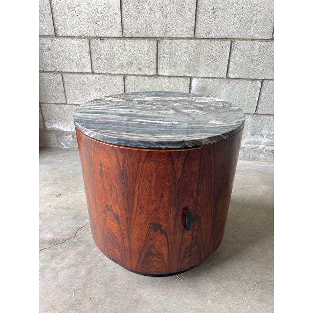 Harvey Probber Style Rosewood Drum Side Table / Bar Cabinet With Silver Wave Marble Top For Sale - Image 10 of 11