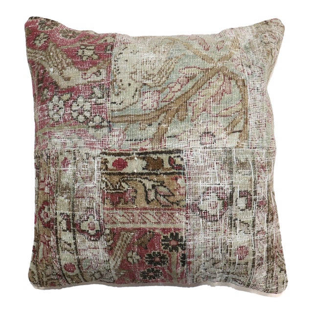 Early 20th Century Distressed Persian Kerman Patchwork Rug Pillow For Sale