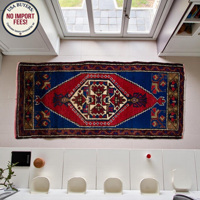 Textile Vintage Small Rug Hand Made Mat Turkish Rug Enrty Decor Bath Mat- 1′8″ × 3′9″ For Sale - Image 7 of 13