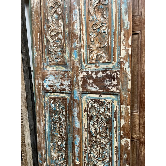 Mid-Century Modern Antique Blue Floral Carved Closet Door – Rustic Hinged or Sliding Barn Door Panel 80 For Sale - Image 3 of 6