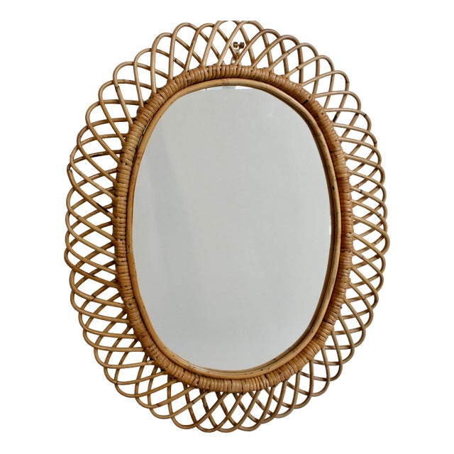 Vintage Italian Rattan Wall Mirror, 1960s For Sale