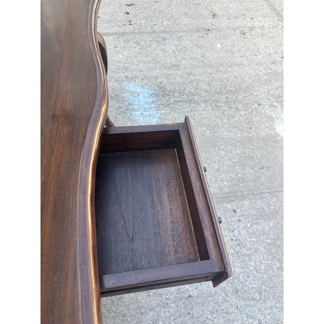 French Provincial Console Table, Louis XV Style Vanity Desk, Vintage Curved Leg Writing Table, Parquet Top Entryway Table, Solid Wood Table For Sale - Image 12 of 12
