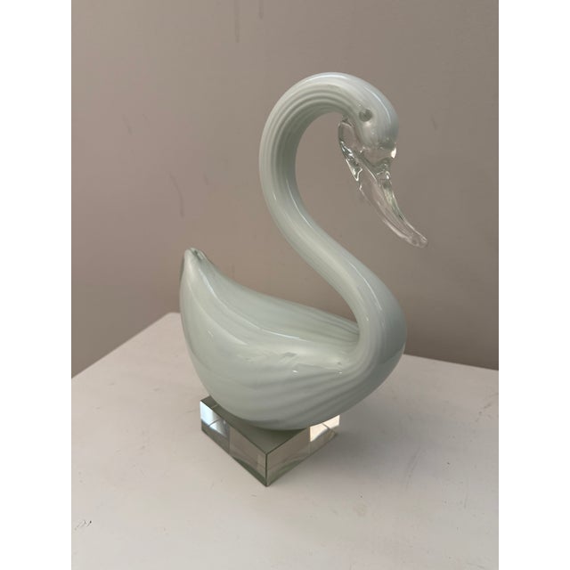 Elegant vintage Murano art glass swan sculpture in a soft pale celadon / seafoam tone with delicate white striations...