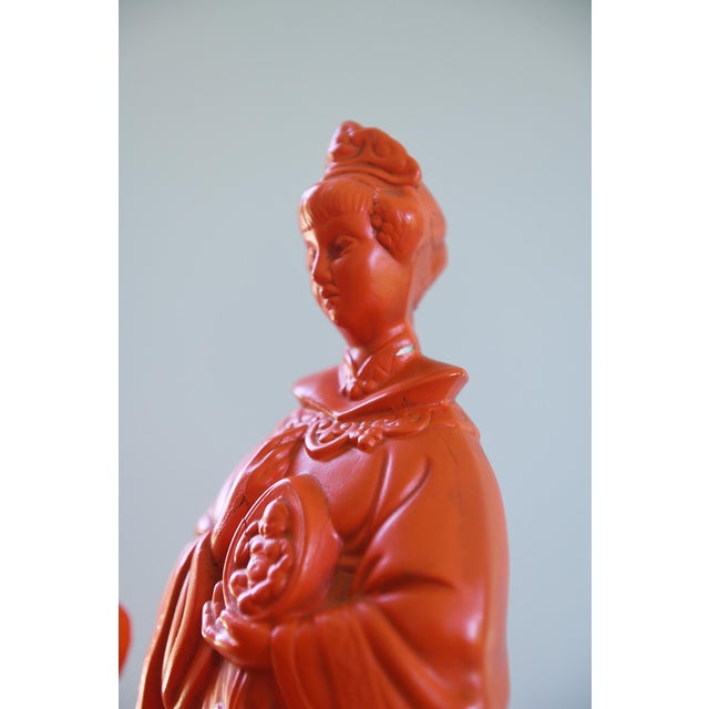Orange Pair of Vintage Orange/Vermilion Chalkware Emperor and Empress Statues From the Personal Collection of Artist Tawny Chatmon For Sale - Image 8 of 11