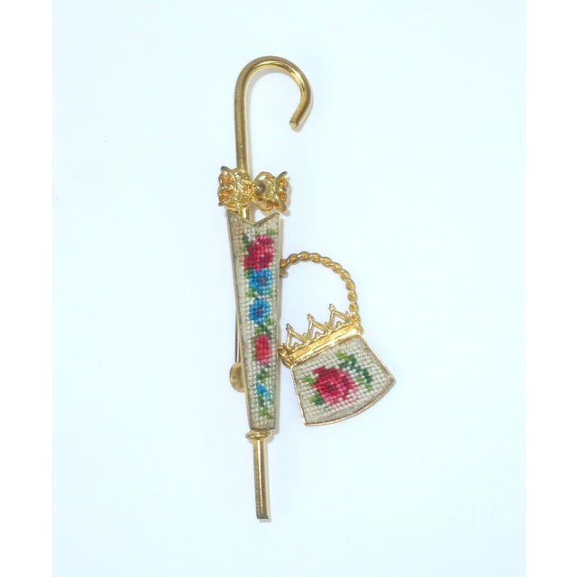 Mid-Century Modern Vintage Petit Point Parasol & Purse Brooch, 1950’s For Sale - Image 3 of 7