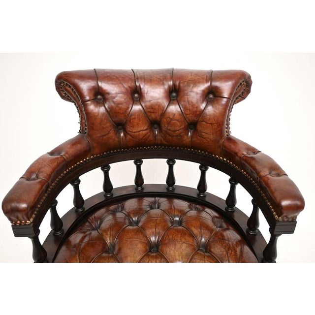 Wood Antique Leather Swivel Captains Desk Chair, 1950s For Sale - Image 7 of 11