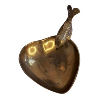 Vintage Brass Heart Shaped Trinket Tray / Catchall With Sparrow Bird For Sale