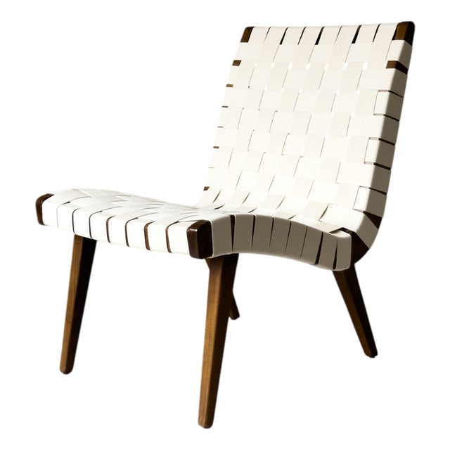 Model 654W Vostra Lounge Chair with Walnut Frame and New Webbing by Jens Risom for Knoll, 1950s For Sale