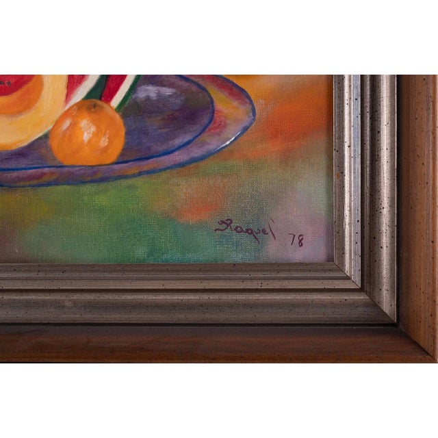 Vintage Mid Century Modern Bold Colorful Fruit Bowl Still Life Realism Signed Framed For Sale In Tampa - Image 6 of 12