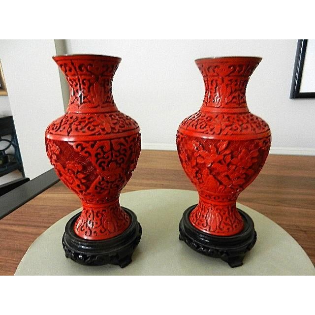 Red Pair of Mid-Century Chinese Red Cinnabar Vases - Red Lacquer Over Brass For Sale - Image 8 of 9