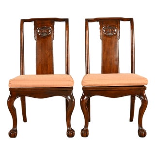 Drexel Heritage Hollywood Regency Chinoiserie Sculpted Mahogany Side Chairs or Dining Chairs, Pair For Sale