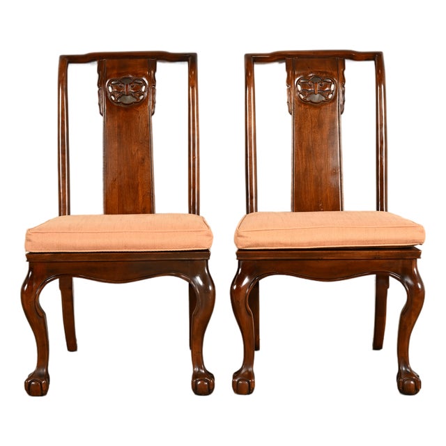 Drexel Heritage Hollywood Regency Chinoiserie Sculpted Mahogany Side Chairs or Dining Chairs, Pair For Sale