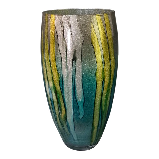 Modern Tall 14'' Italian Art Glass Alcohol Ink Painted Vase Teal Gold & Silver For Sale