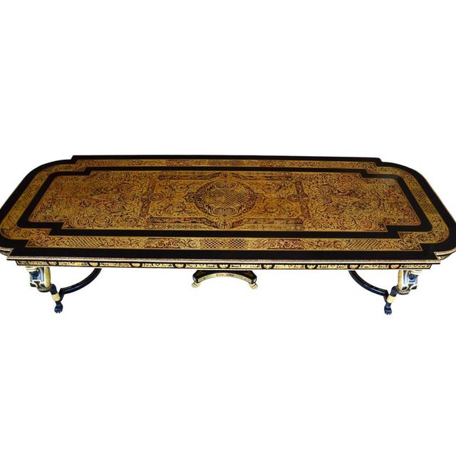 Vintage Ebonised Cut Brass Boulle Dining Conference Table For Sale - Image 4 of 18