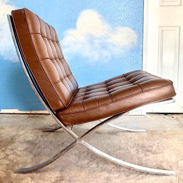 Pair of Knoll Barcelona® Chairs by Ludwig Mies Van Der Rohe - Velluto Pelle Umber Leather For Sale In Palm Springs - Image 6 of 12