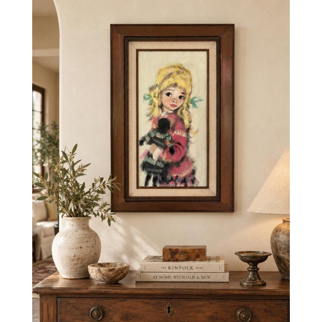 Vintage Koros Original Oil Painting “Portrait of a Child” Big Eye Waif Art, Framed For Sale - Image 12 of 12