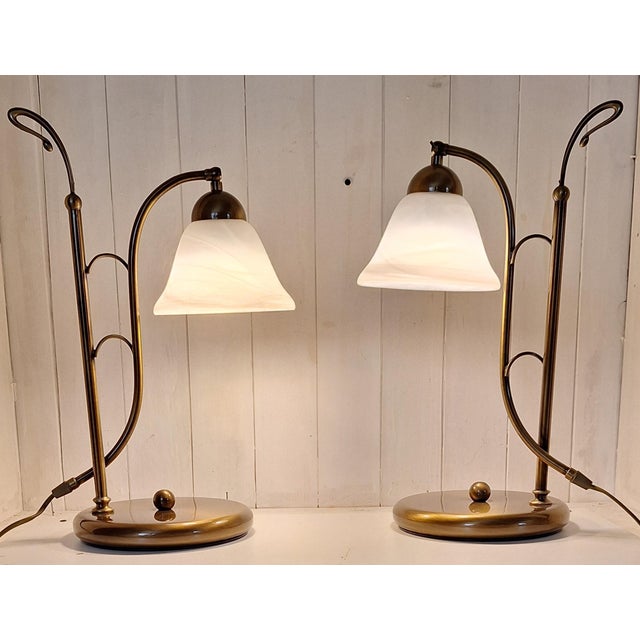 Vintage Italian Table Lamps with Brass Frames and Murano Glass Shades, 1980s, Set of 2 For Sale - Image 4 of 8