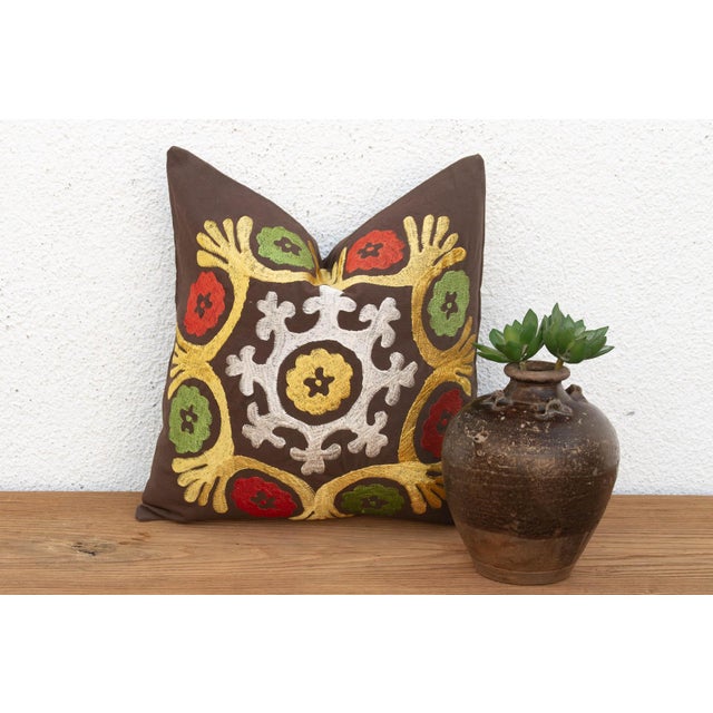 Brown Radiating Floral Suzani Pillow Cover For Sale - Image 8 of 8